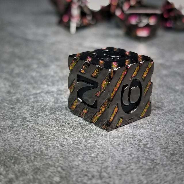 Sage's Dimension Stones - Gloss Black Magenta Glitter Stripes Black Ink Metal Polyhedral Dice Set - Sage's PortalMetal Dice Set