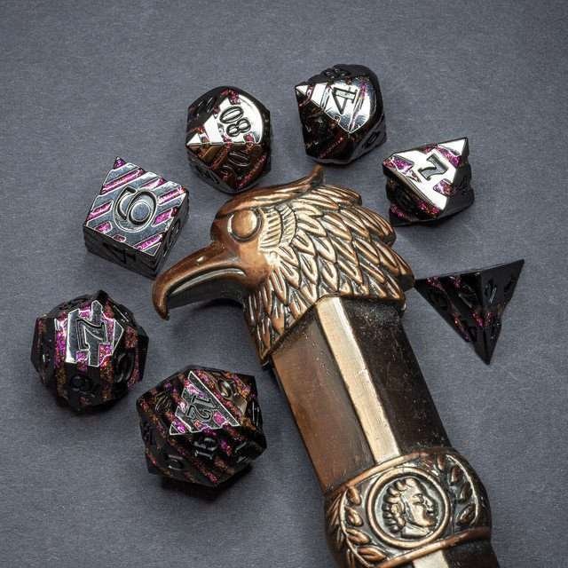 Sage's Dimension Stones - Gloss Black Magenta Glitter Stripes Black Ink Metal Polyhedral Dice Set - Sage's PortalMetal Dice Set