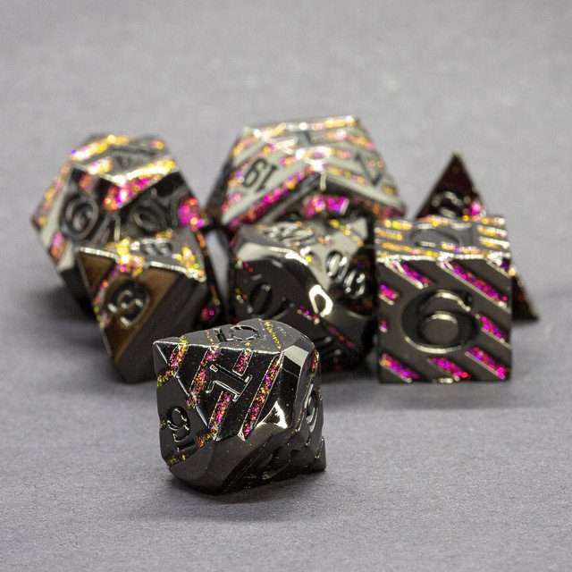 Sage's Dimension Stones - Gloss Black Magenta Glitter Stripes Black Ink Metal Polyhedral Dice Set - Sage's PortalMetal Dice Set