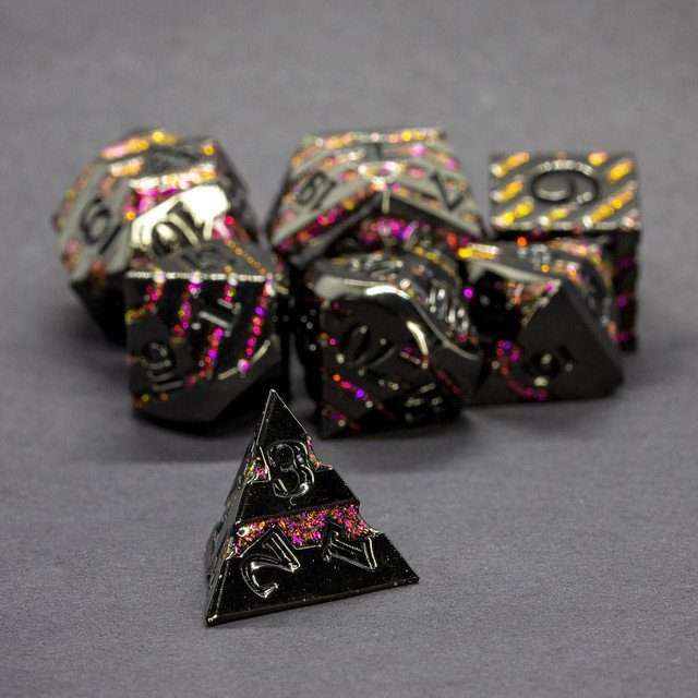 Sage's Dimension Stones - Gloss Black Magenta Glitter Stripes Black Ink Metal Polyhedral Dice Set - Sage's PortalMetal Dice Set