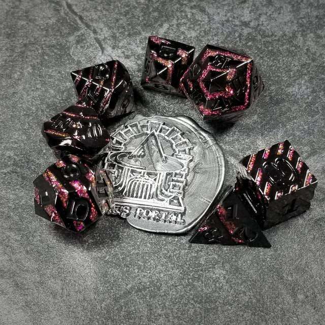 Sage's Dimension Stones - Gloss Black Magenta Glitter Stripes Black Ink Metal Polyhedral Dice Set - Sage's PortalMetal Dice Set