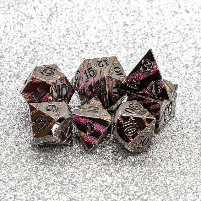 Sage's Dimension Stones - Gloss Black Magenta Glitter Stripes Black Ink Metal Polyhedral Dice Set - Sage's PortalMetal Dice Set