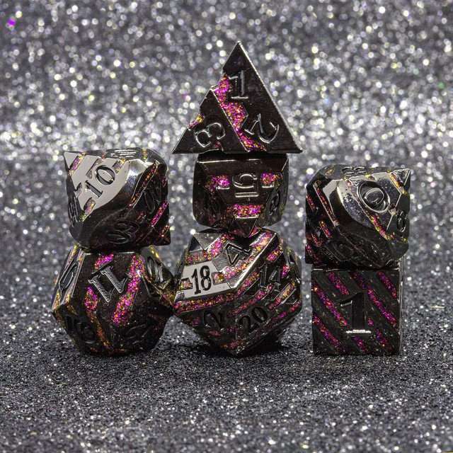 Sage's Dimension Stones - Gloss Black Magenta Glitter Stripes Black Ink Metal Polyhedral Dice Set - Sage's PortalMetal Dice Set