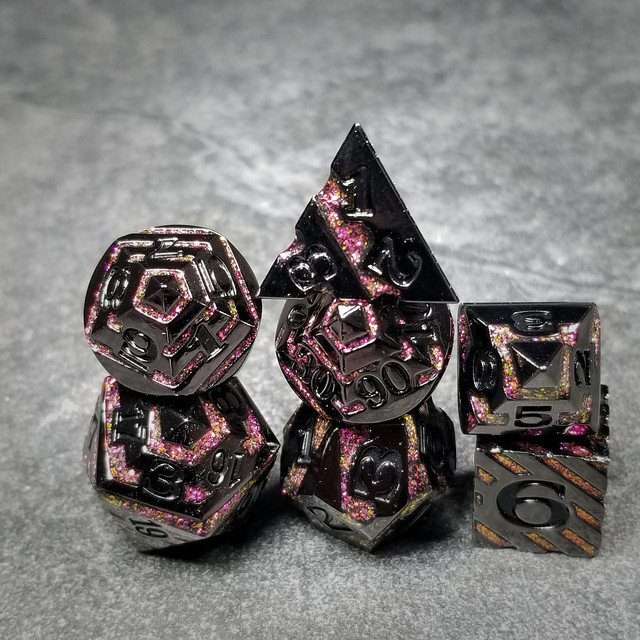Sage's Dimension Stones - Gloss Black Magenta Glitter Stripes Black Ink Metal Polyhedral Dice Set - Sage's PortalMetal Dice Set