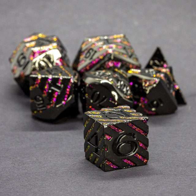 Sage's Dimension Stones - Gloss Black Magenta Glitter Stripes Black Ink Metal Polyhedral Dice Set - Sage's PortalMetal Dice Set