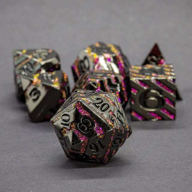 Sage's Dimension Stones - Gloss Black Magenta Glitter Stripes Black Ink Metal Polyhedral Dice Set - Sage's PortalMetal Dice Set