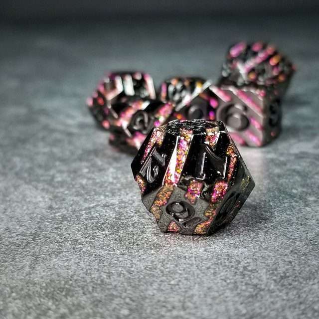 Sage's Dimension Stones - Gloss Black Magenta Glitter Stripes Black Ink Metal Polyhedral Dice Set - Sage's PortalMetal Dice Set