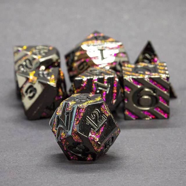 Sage's Dimension Stones - Gloss Black Magenta Glitter Stripes Black Ink Metal Polyhedral Dice Set - Sage's PortalMetal Dice Set