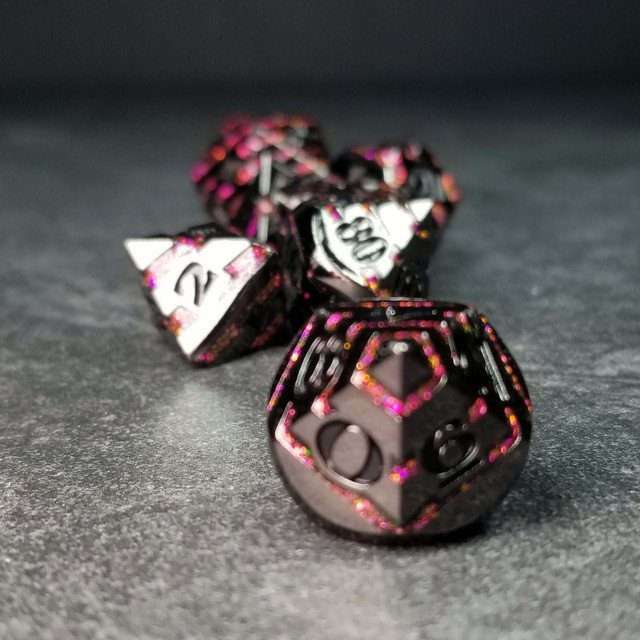 Sage's Dimension Stones - Gloss Black Magenta Glitter Stripes Black Ink Metal Polyhedral Dice Set - Sage's PortalMetal Dice Set