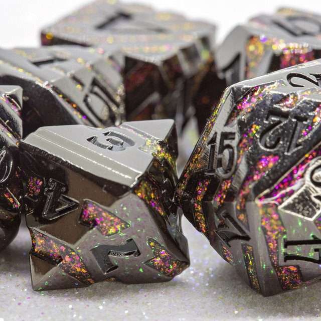 Sage's Dimension Stones - Gloss Black Magenta Glitter Stripes Black Ink Metal Polyhedral Dice Set - Sage's PortalMetal Dice Set