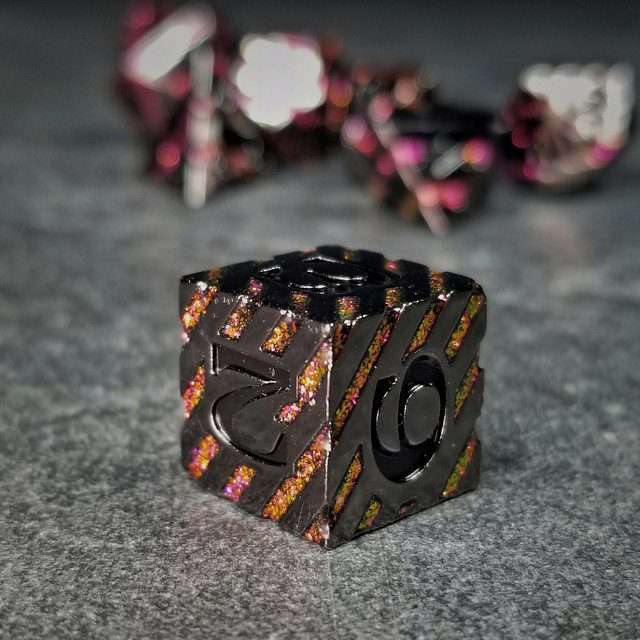 Sage's Dimension Stones - Gloss Black Magenta Glitter Stripes Black Ink Metal Polyhedral Dice Set - Sage's PortalMetal Dice Set