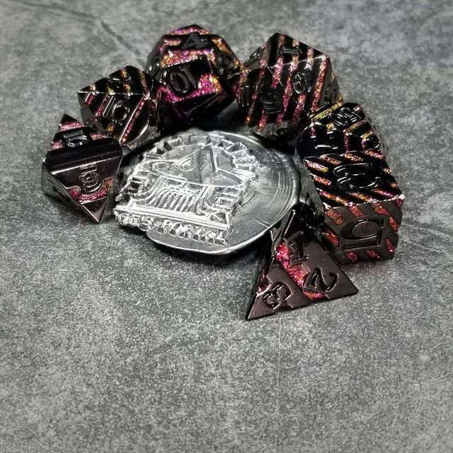 Sage's Dimension Stones - Gloss Black Magenta Glitter Stripes Black Ink Metal Polyhedral Dice Set - Sage's PortalMetal Dice Set