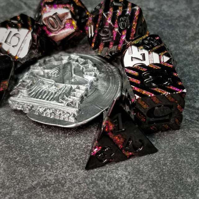 Sage's Dimension Stones - Gloss Black Magenta Glitter Stripes Black Ink Metal Polyhedral Dice Set - Sage's PortalMetal Dice Set