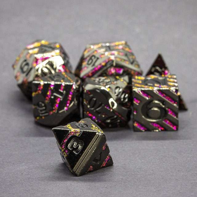 Sage's Dimension Stones - Gloss Black Magenta Glitter Stripes Black Ink Metal Polyhedral Dice Set - Sage's PortalMetal Dice Set