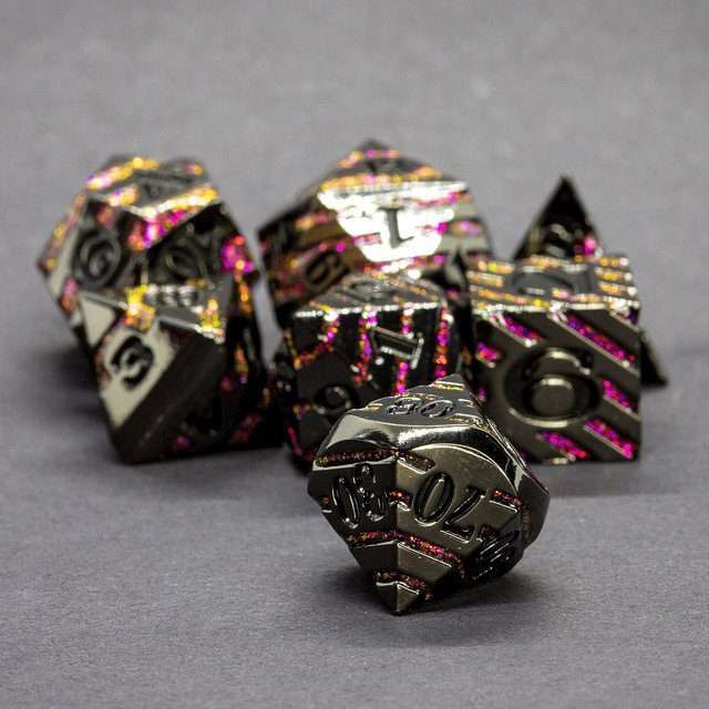 Sage's Dimension Stones - Gloss Black Magenta Glitter Stripes Black Ink Metal Polyhedral Dice Set - Sage's PortalMetal Dice Set