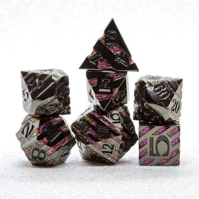 Sage's Dimension Stones - Gloss Black Magenta Glitter Stripes Black Ink Metal Polyhedral Dice Set - Sage's PortalMetal Dice Set