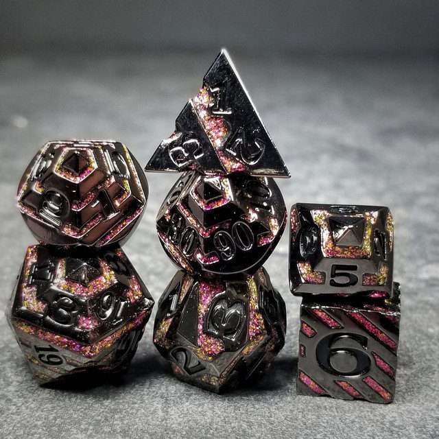 Sage's Dimension Stones - Gloss Black Magenta Glitter Stripes Black Ink Metal Polyhedral Dice Set - Sage's PortalMetal Dice Set