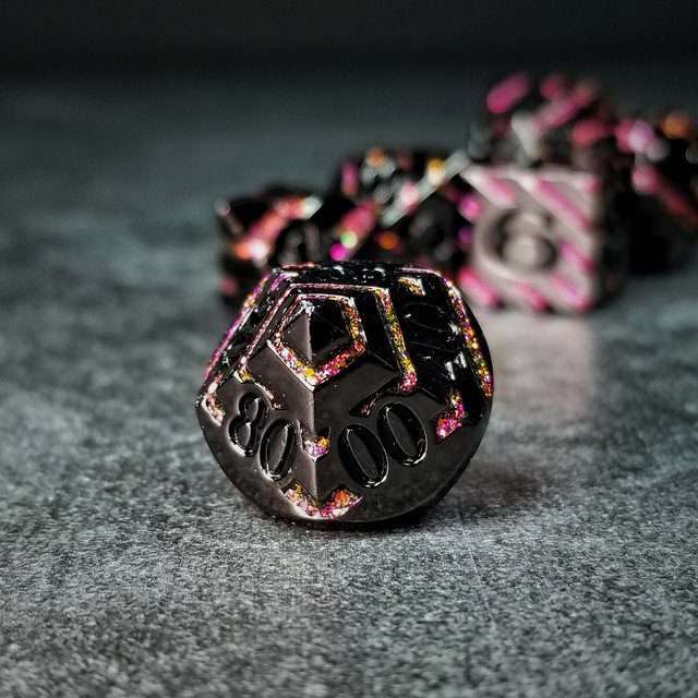 Sage's Dimension Stones - Gloss Black Magenta Glitter Stripes Black Ink Metal Polyhedral Dice Set - Sage's PortalMetal Dice Set