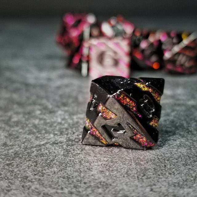 Sage's Dimension Stones - Gloss Black Magenta Glitter Stripes Black Ink Metal Polyhedral Dice Set - Sage's PortalMetal Dice Set
