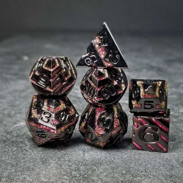 Sage's Dimension Stones - Gloss Black Magenta Glitter Stripes Black Ink Metal Polyhedral Dice Set - Sage's PortalMetal Dice Set