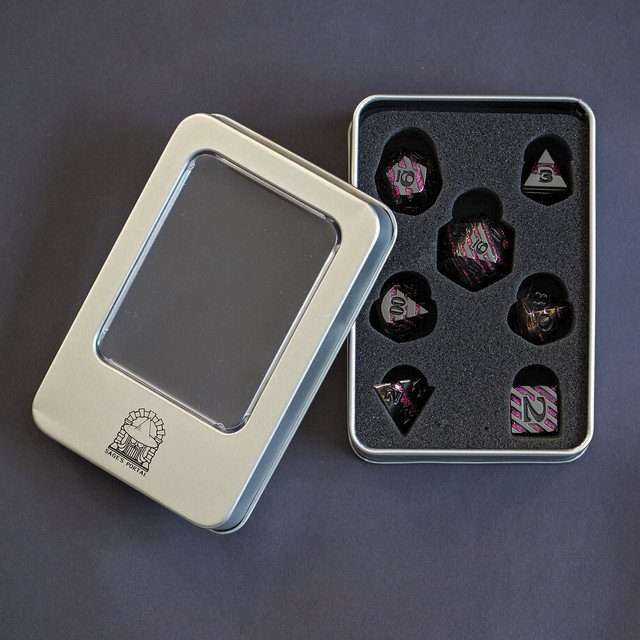 Sage's Dimension Stones - Gloss Black Magenta Glitter Stripes Black Ink Metal Polyhedral Dice Set - Sage's PortalMetal Dice Set