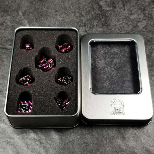 Sage's Dimension Stones - Gloss Black Magenta Glitter Stripes Black Ink Metal Polyhedral Dice Set - Sage's PortalMetal Dice Set