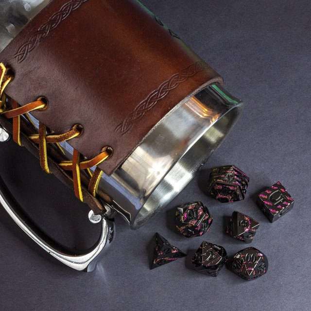 Sage's Dimension Stones - Gloss Black Magenta Glitter Stripes Black Ink Metal Polyhedral Dice Set - Sage's PortalMetal Dice Set