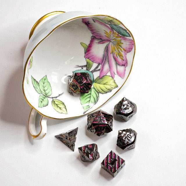 Sage's Dimension Stones - Gloss Black Magenta Glitter Stripes Black Ink Metal Polyhedral Dice Set - Sage's PortalMetal Dice Set