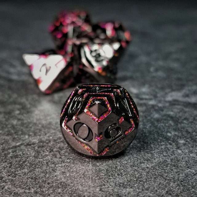 Sage's Dimension Stones - Gloss Black Magenta Glitter Stripes Black Ink Metal Polyhedral Dice Set - Sage's PortalMetal Dice Set
