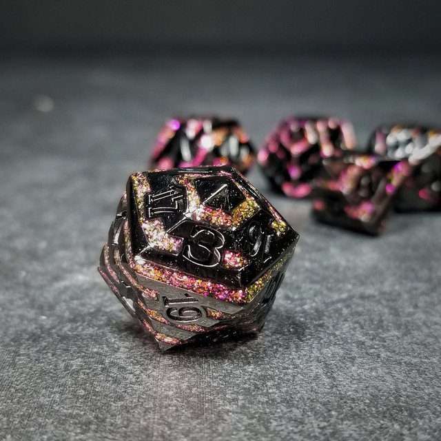 Sage's Dimension Stones - Gloss Black Magenta Glitter Stripes Black Ink Metal Polyhedral Dice Set - Sage's PortalMetal Dice Set