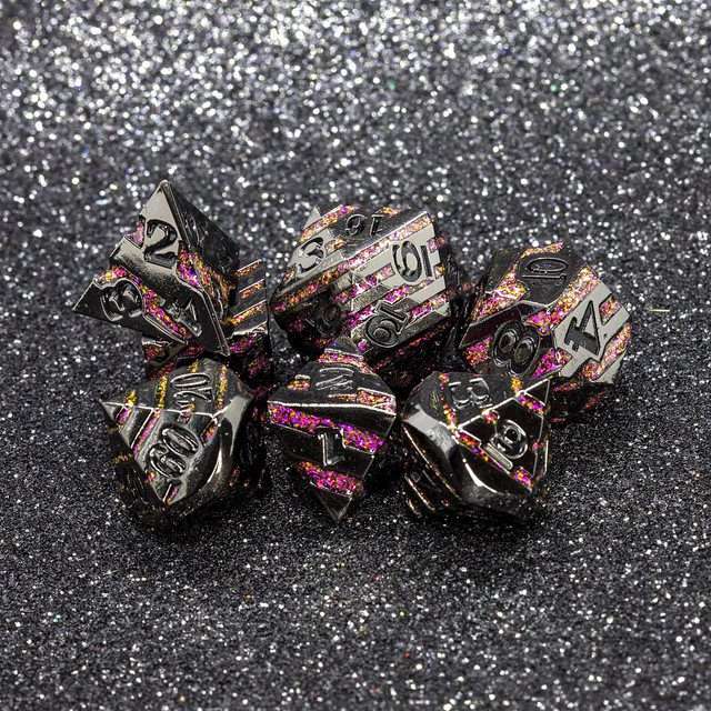 Sage's Dimension Stones - Gloss Black Magenta Glitter Stripes Black Ink Metal Polyhedral Dice Set - Sage's PortalMetal Dice Set
