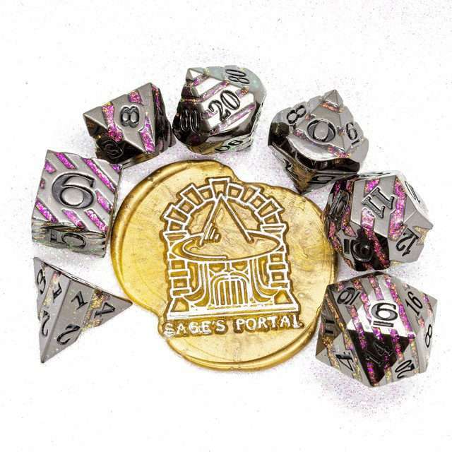Sage's Dimension Stones - Gloss Black Magenta Glitter Stripes Black Ink Metal Polyhedral Dice Set - Sage's PortalMetal Dice Set