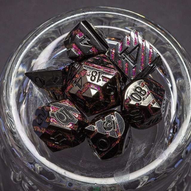 Sage's Dimension Stones - Gloss Black Magenta Glitter Stripes Black Ink Metal Polyhedral Dice Set - Sage's PortalMetal Dice Set