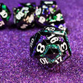 Sage's Dimension Stones - Gloss Black Purple/Green Glitter Stripes Metal Polyhedral Dice Set - Sage's PortalMetal Dice Set