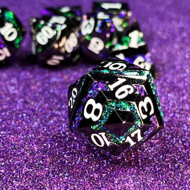 Sage's Dimension Stones - Gloss Black Purple/Green Glitter Stripes Metal Polyhedral Dice Set - Sage's PortalMetal Dice Set