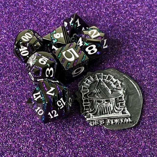 Sage's Dimension Stones - Gloss Black Purple/Green Glitter Stripes Metal Polyhedral Dice Set - Sage's PortalMetal Dice Set