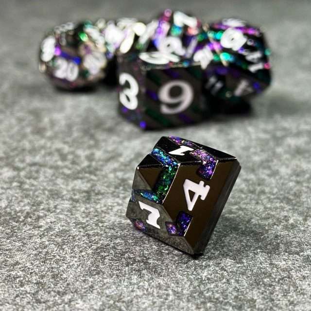 Sage's Dimension Stones - Gloss Black Purple/Green Glitter Stripes Metal Polyhedral Dice Set - Sage's PortalMetal Dice Set