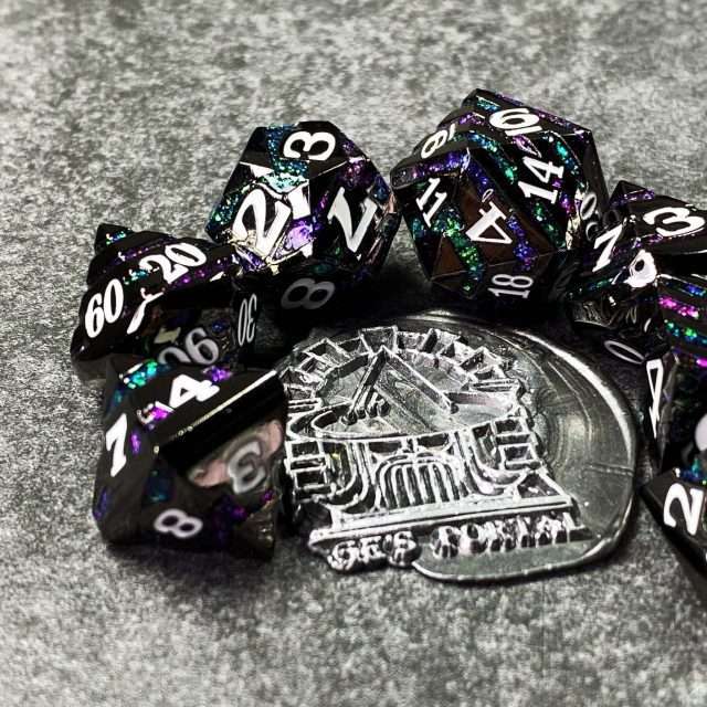 Sage's Dimension Stones - Gloss Black Purple/Green Glitter Stripes Metal Polyhedral Dice Set - Sage's PortalMetal Dice Set