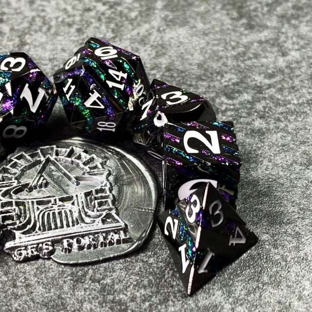Sage's Dimension Stones - Gloss Black Purple/Green Glitter Stripes Metal Polyhedral Dice Set - Sage's PortalMetal Dice Set