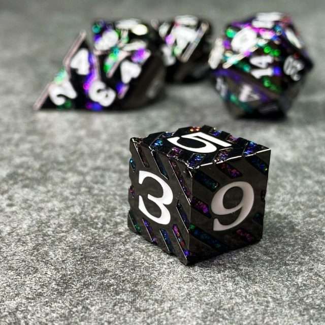 Sage's Dimension Stones - Gloss Black Purple/Green Glitter Stripes Metal Polyhedral Dice Set - Sage's PortalMetal Dice Set