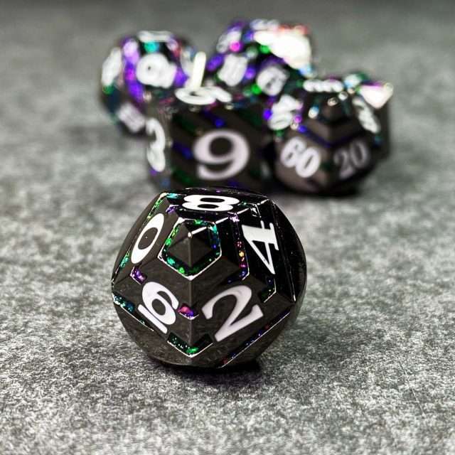 Sage's Dimension Stones - Gloss Black Purple/Green Glitter Stripes Metal Polyhedral Dice Set - Sage's PortalMetal Dice Set