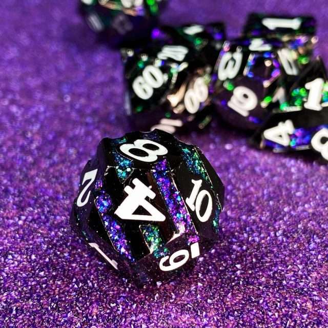 Sage's Dimension Stones - Gloss Black Purple/Green Glitter Stripes Metal Polyhedral Dice Set - Sage's PortalMetal Dice Set