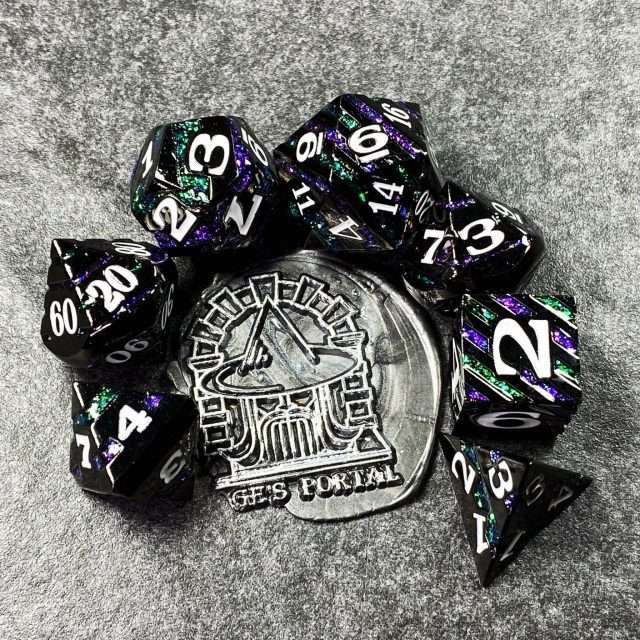 Sage's Dimension Stones - Gloss Black Purple/Green Glitter Stripes Metal Polyhedral Dice Set - Sage's PortalMetal Dice Set