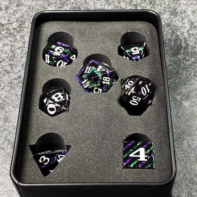 Sage's Dimension Stones - Gloss Black Purple/Green Glitter Stripes Metal Polyhedral Dice Set - Sage's PortalMetal Dice Set