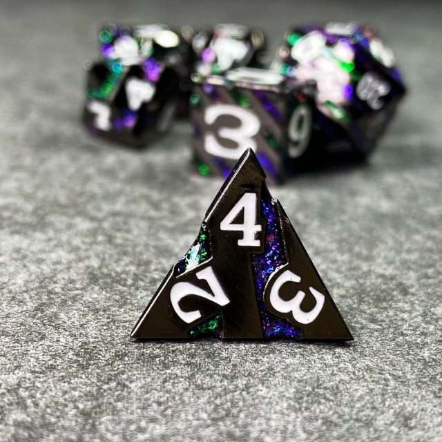 Sage's Dimension Stones - Gloss Black Purple/Green Glitter Stripes Metal Polyhedral Dice Set - Sage's PortalMetal Dice Set