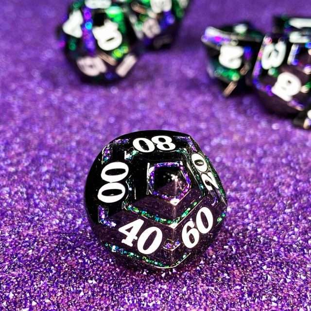 Sage's Dimension Stones - Gloss Black Purple/Green Glitter Stripes Metal Polyhedral Dice Set - Sage's PortalMetal Dice Set