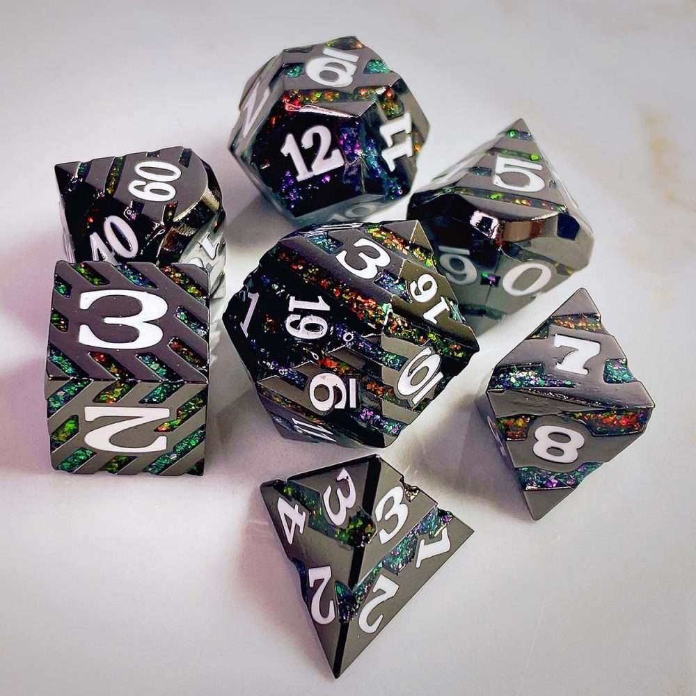Sage's Dimension Stones - Gloss Black Rainbow Glitter Stripes Metal Polyhedral Dice Set - Sage's PortalMetal Dice Set