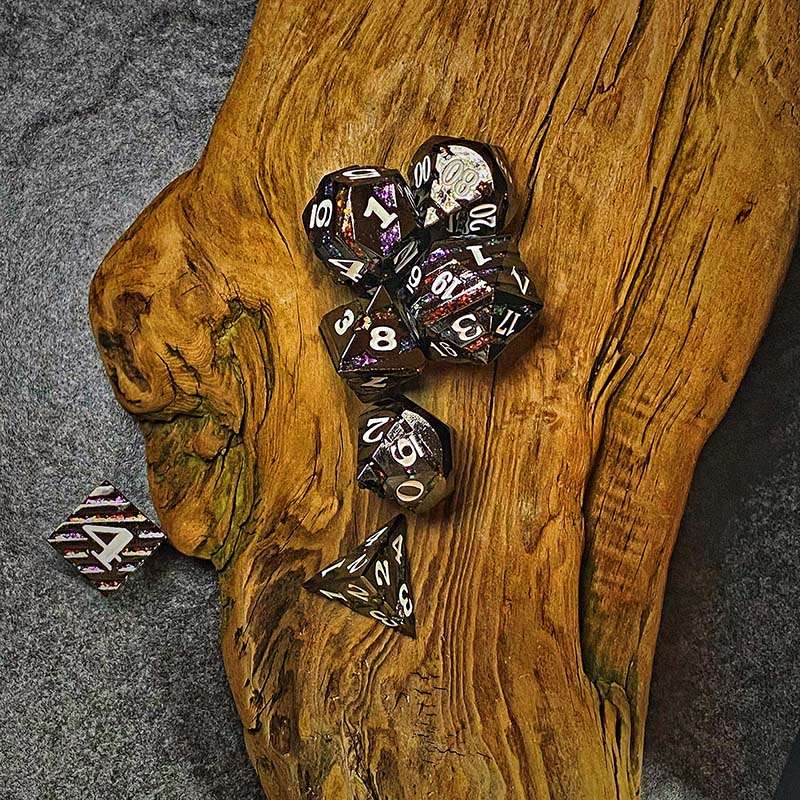 Sage's Dimension Stones - Gloss Black Rainbow Glitter Stripes Metal Polyhedral Dice Set - Sage's PortalMetal Dice Set