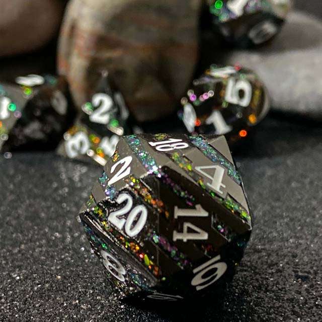 Sage's Dimension Stones - Gloss Black Rainbow Glitter Stripes Metal Polyhedral Dice Set - Sage's PortalMetal Dice Set