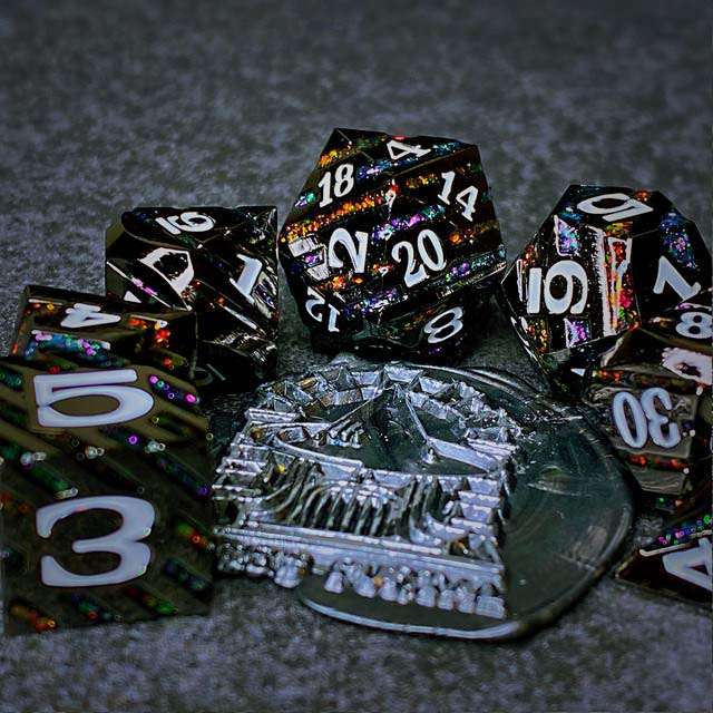 Sage's Dimension Stones - Gloss Black Rainbow Glitter Stripes Metal Polyhedral Dice Set - Sage's PortalMetal Dice Set